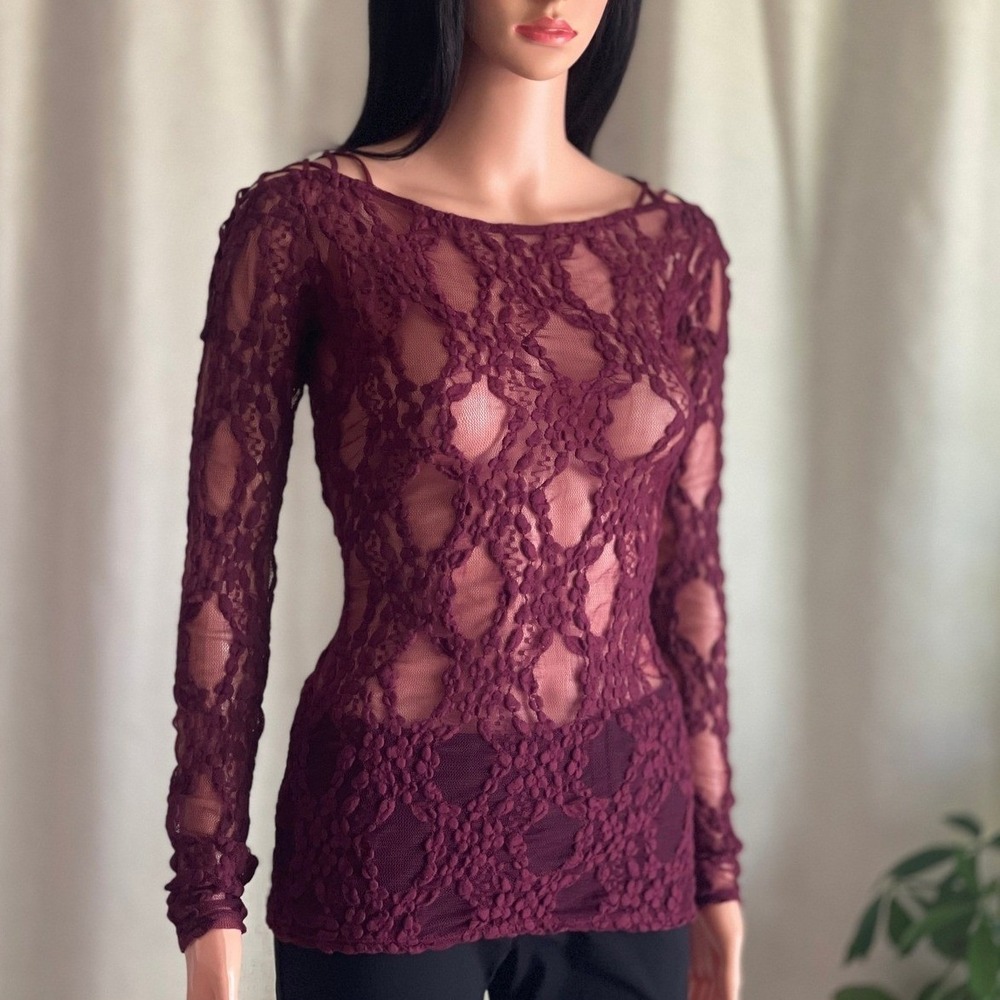 Free People Burgundy Sheer Floral Lace Top Long Sleeve Whimsigoth Fairycore S